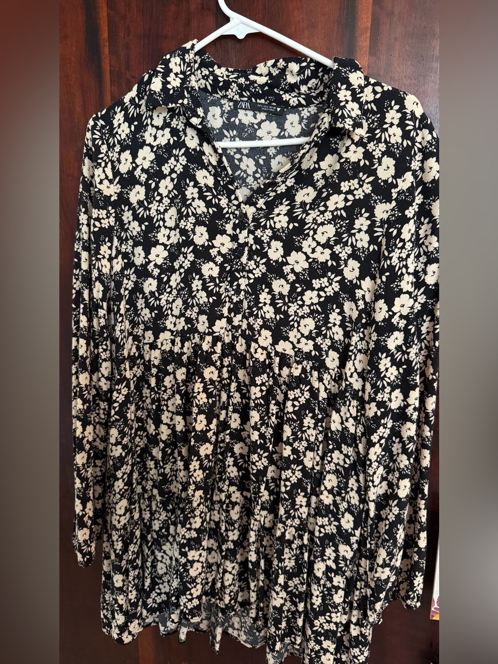 Zara Black and Cream Floral Tunic Blouse